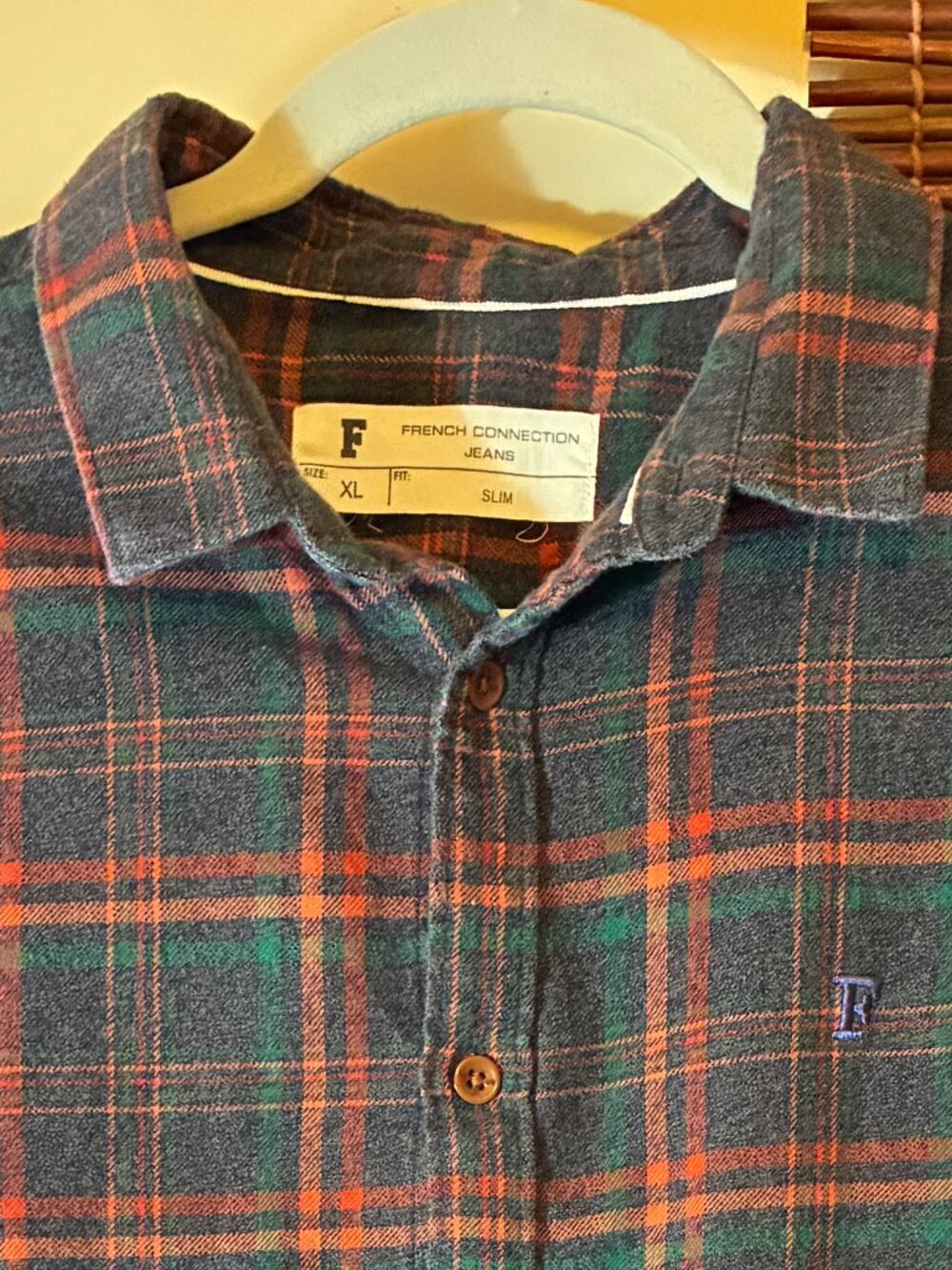 French Connection Men’s Grey Flannel Size XL Slim Fit Plaid Orange Green